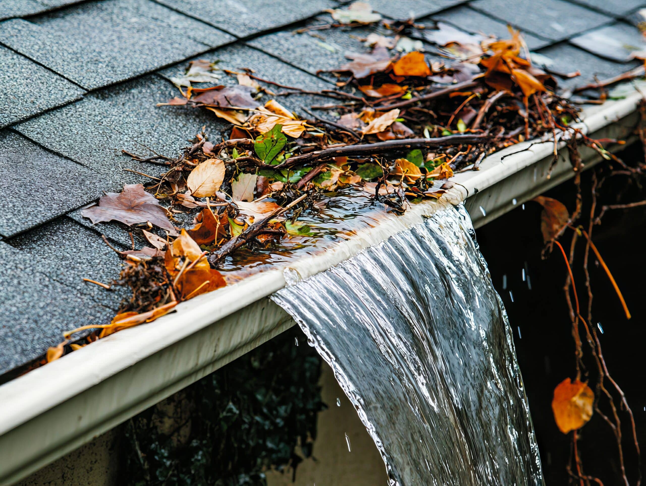Eau débordant d'une gouttière obstruée par des feuilles mortes et des brindilles, créant une cascade contre un toit d'asphalte.