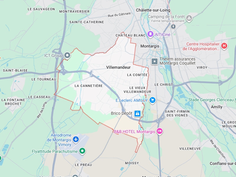 Carte Montargis Villemandeur : Itinéraire et Quartiers Carte détaillée des environs de Montargis et Villemandeur, montrant la zone délimitée par un trait rouge pointillé.